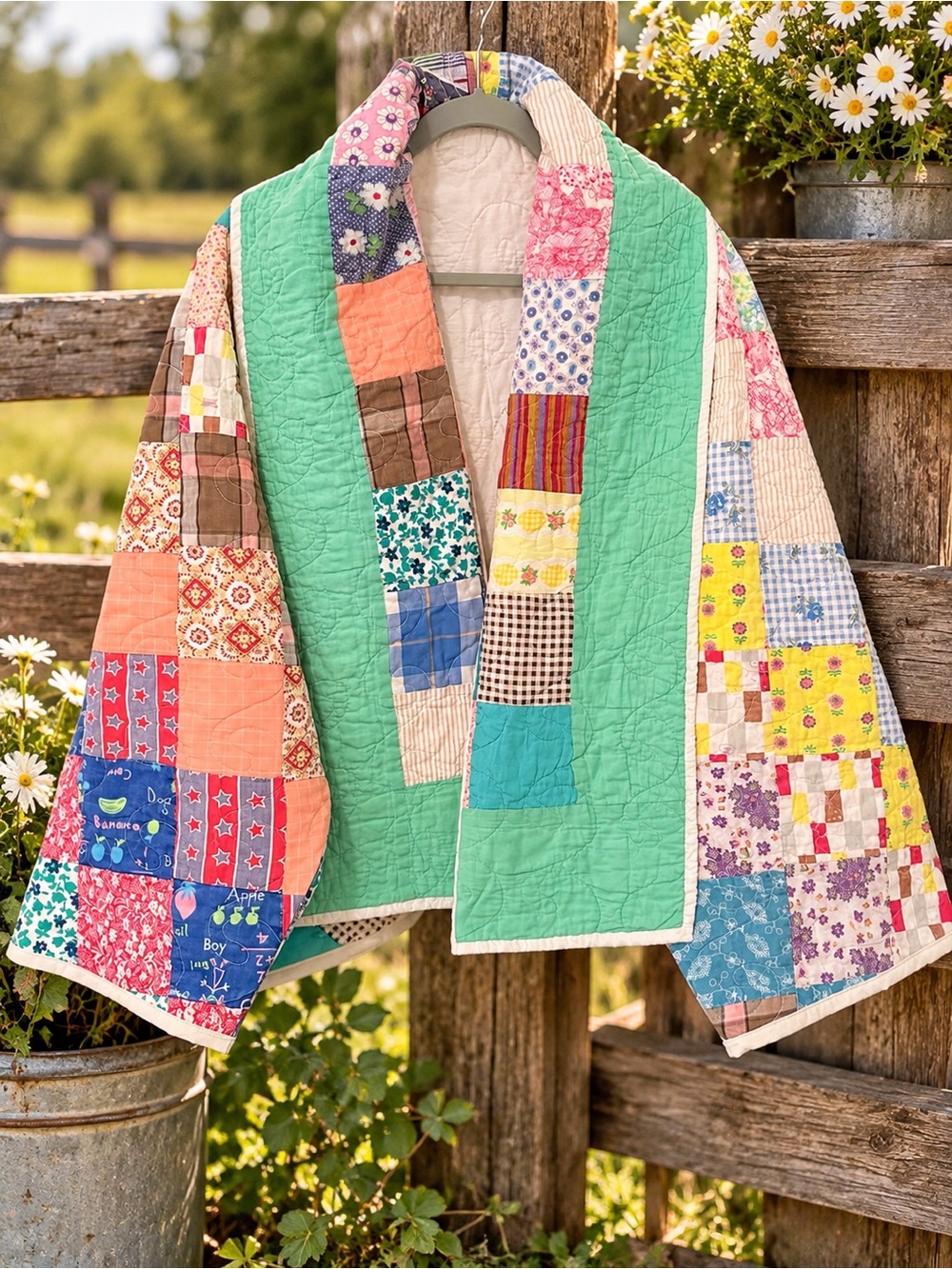 Vintage-Inspired Patchwork Quilted jacket- Green Multi